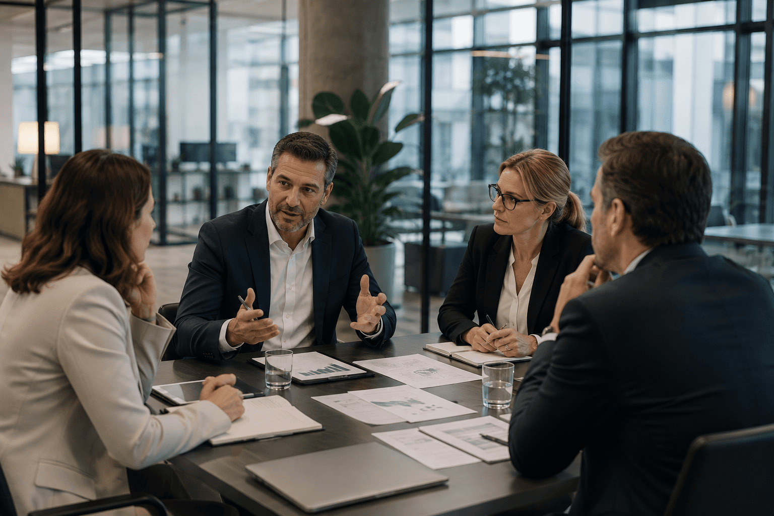 Führungskräfte im Vorstandsmeeting — strategische Diskussion vor Geschäftsentwicklungs-Dashboard